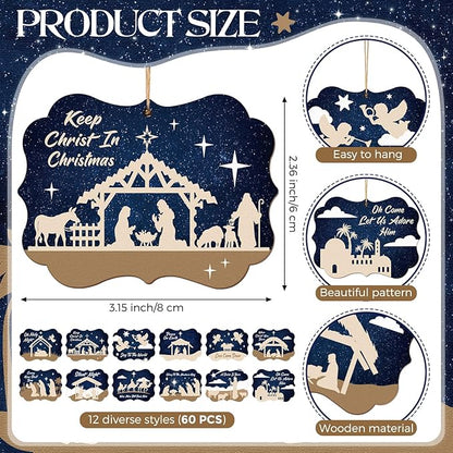 Soaoo 60 Pcs Nativity Scene Christmas Tree Ornament Christian Religious Ornaments Bulk Round Nativity Xmas Tree Hanging Wooden Decorations for Garden Yard Outdoor Home (Square Style)
