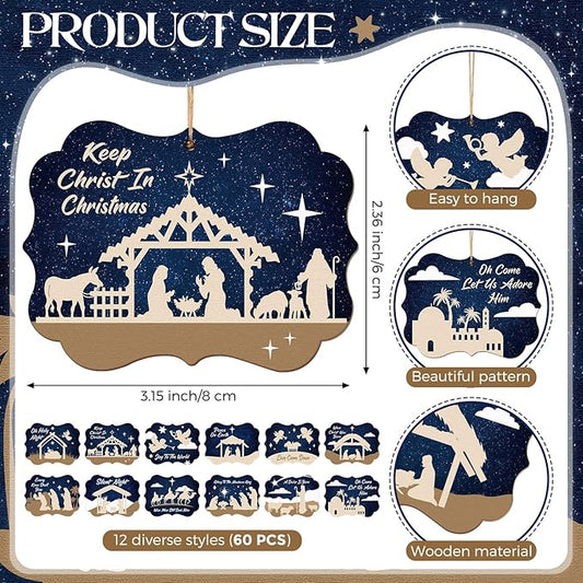 Soaoo 60 Pcs Nativity Scene Christmas Tree Ornament Christian Religious Ornaments Bulk Round Nativity Xmas Tree Hanging Wooden Decorations for Garden Yard Outdoor Home (Square Style)