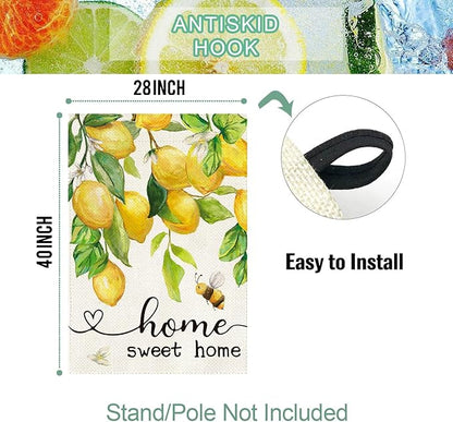 Baccessor Spring House Flag Lemon Bee Floral Home Sweet Home Large Yard Flag 28 X 40 Inch Double Sided Burlap Summer Welcome Flag for Outside Outdoor Porch Decor