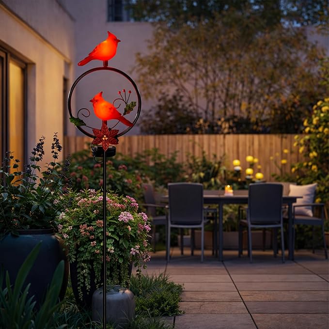 Cardinal Garden Decor Red Cardinal Figurine Solar Lights Garden Stake Outdoor Decor, Christmas Yard Decorations for Patio Porch Pathway Lawn Ornaments, Cemetery Solar Light Red Bird Gift