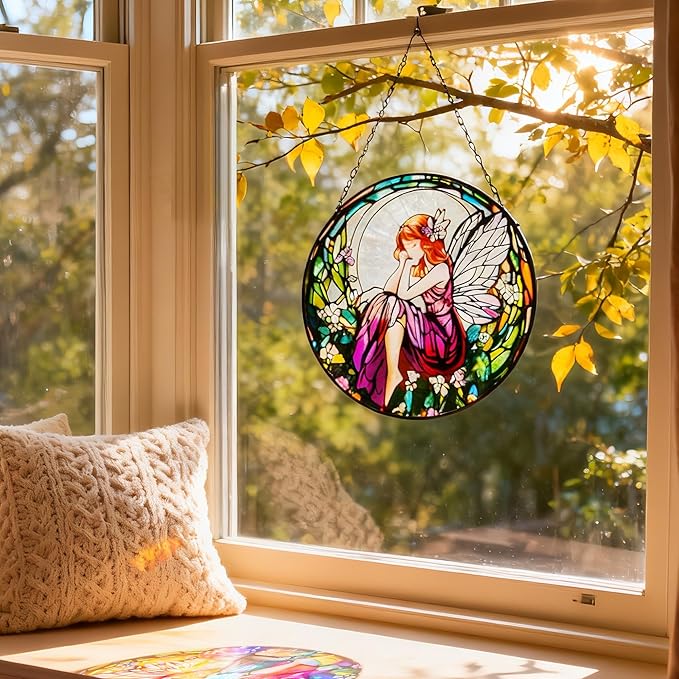 Flower Fairies Stained Glass Window Hanging,Suncatcher Hanging Decor for Indoor Outdoor Windows Yard Garden Decor Home Decorations Wall Art, Gift for Girls Mom Grandma Teacher
