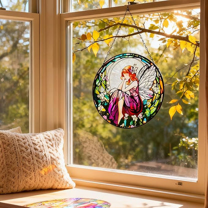 Flower Fairies Stained Glass Window Hanging,Suncatcher Hanging Decor for Indoor Outdoor Windows Yard Garden Decor Home Decorations Wall Art, Gift for Girls Mom Grandma Teacher