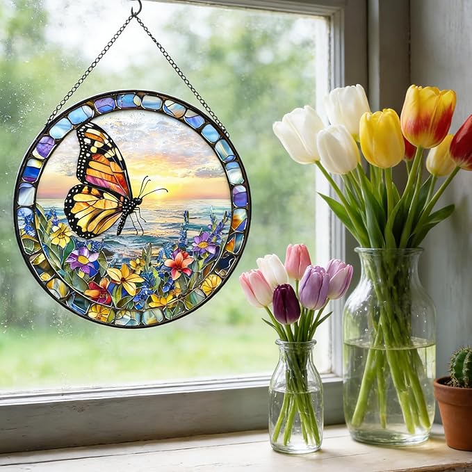 7.87" Butterfly Stained Glass Window Hanging, Sun Catcher with Metal Chain and Hook, Butterfly Ornaments Gifts for Women Men, Christmas Home Decorations Floral Themed Housewarming Gifts