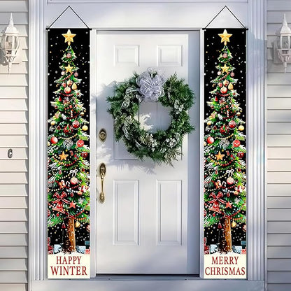 BlissYard Xmas Tree Banner Happy Winter Christmas Door Banner Holiday Wall Hanging Decoration with Red Green Gold Ornament Design Vertical Door Entryway Banner for Indoor Outdoor Seasonal Home Decor