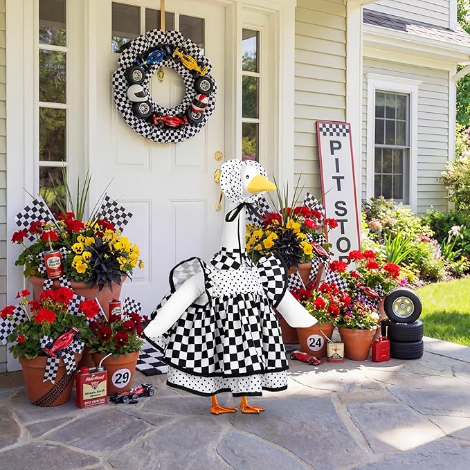 Abbylike 1 Set Racing Car Porch Goose Outfit Racing Yard Goose Costume Clothes Fits Large 23'' H Cement for Game Day Outdoor Patio Garden Lawn Pathway Spring Statue Art Decorations