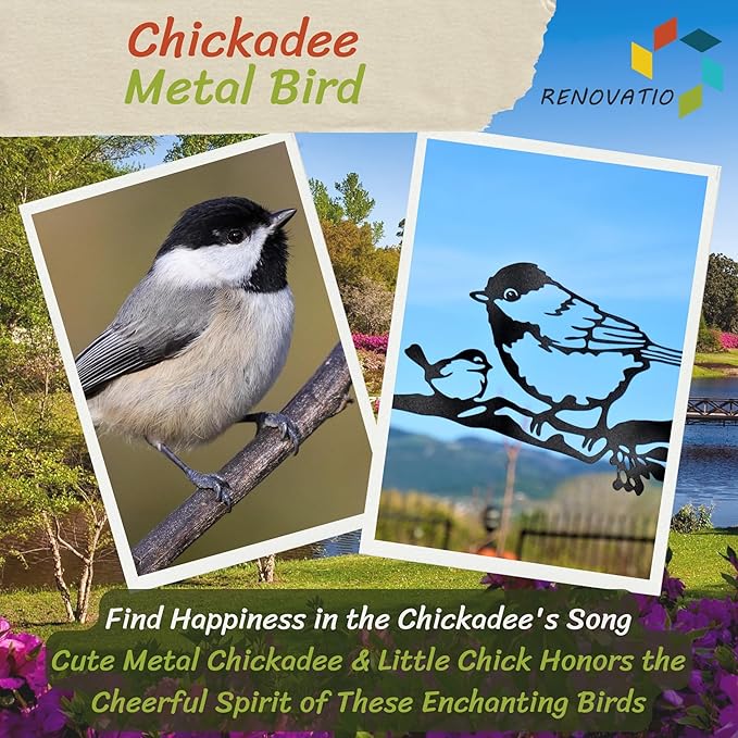 Renovatio Metal Bird Decor, Gifts for Mom, Elegant Bird Ornaments for Backyard, Patio, and Outdoor Spaces – Metal Decoration, Garden Art, Tree Ornaments & Statues – Chickadee (Black)