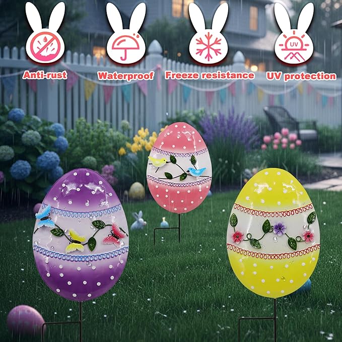 3 Pcs Easter Decorations Outdoor Metal Easter Eggs Yard Signs Decorative Garden Stakes Eggs Lawn Decorations Yard Decor for Spring Ornament Lawn Pathway Garde