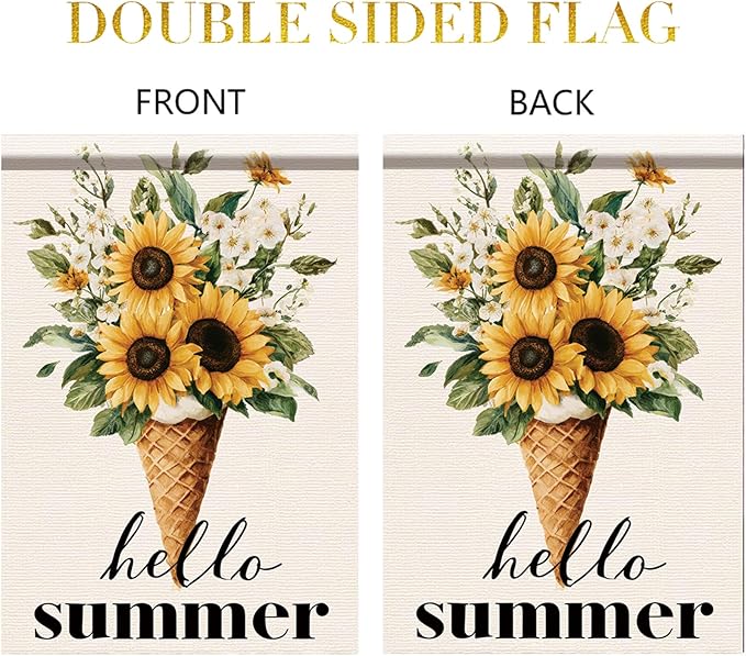 Hello Summer Garden Flag Sunflower Ice Cream Floral Outdoor Yard Porch Lawn Garden Decor for Rustic Farmhouse Cottage Patio Seasonal Summer Home Display