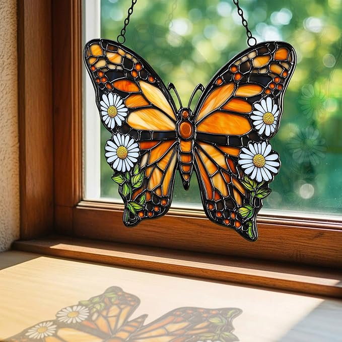 Vivid Tiffany Butterfly Floral Acrylic Suncatcher Stained Glass Effect Window Car Hanging Christmas Ornament Indoor Outdoor Decor Garden Sun Catcher Panel for Butterfly Lover for Women Mom Grandma