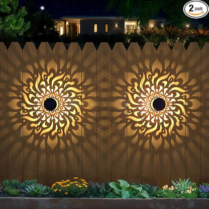 2 Pack Solar Fence Lights Metal Solar Powered Outdoor Wall Deck Step Lights Mandala Theme Waterproof Fence Light for Garden Post Patio Backyard Yard Decor, Gardening Gifts for Women Mom Grandma