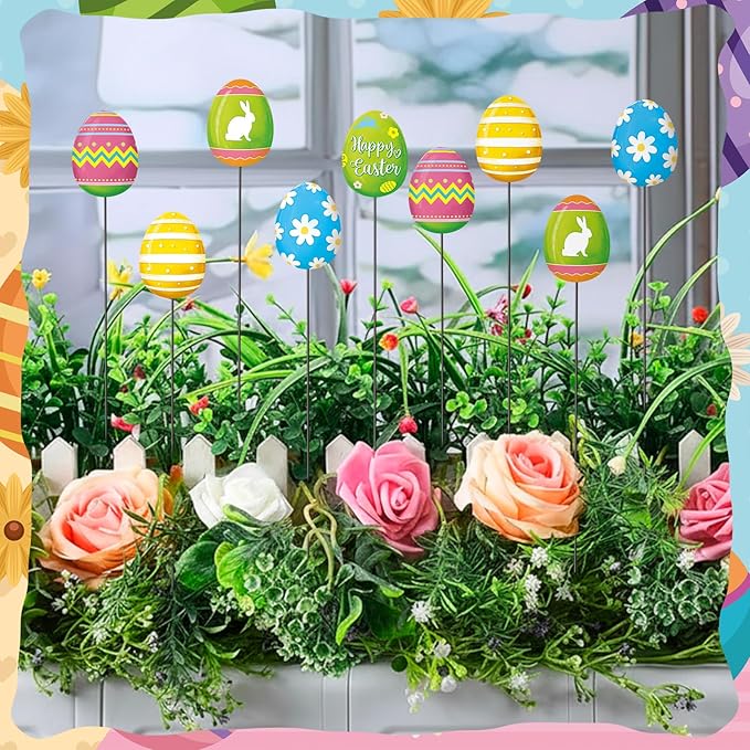 Shimeyao 6 Pcs Metal Easter Egg Garden Stakes Happy Easter Metal Garden Signs Colorful Egg Bunny Yard Stakes Outdoor Decor for Home Lawn Porch Holiday Front Backyard