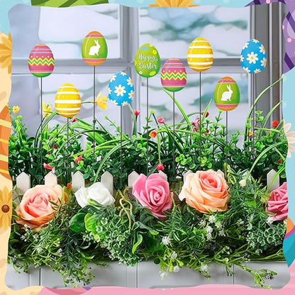 Shimeyao 6 Pcs Metal Easter Egg Garden Stakes Happy Easter Metal Garden Signs Colorful Egg Bunny Yard Stakes Outdoor Decor for Home Lawn Porch Holiday Front Backyard