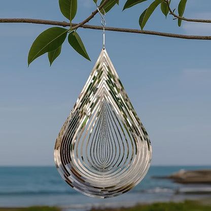 3D Stainless Steel Wind Spinner – 11.8" Hanging Garden Wind Spinner for Outdoor & Indoor Decor | Kinetic Metal Yard Art for Patio, Balcony, Porch or Living Room - Easy Installation (Droplet)