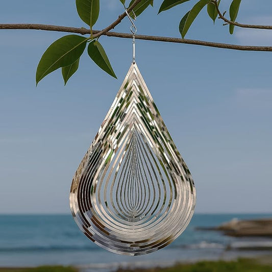 3D Stainless Steel Wind Spinner – 11.8" Hanging Garden Wind Spinner for Outdoor & Indoor Decor | Kinetic Metal Yard Art for Patio, Balcony, Porch or Living Room - Easy Installation (Droplet)