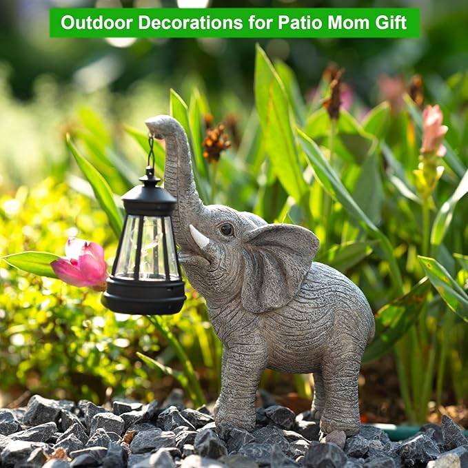 Candieslife Solar Garden Statue Lights Elephants Figurine with Solar Lantern, Outdoor Yard Decorations for Patio Porch Home, Mothers Day Decorations Gift for Women - Unique Housewarming Gifts