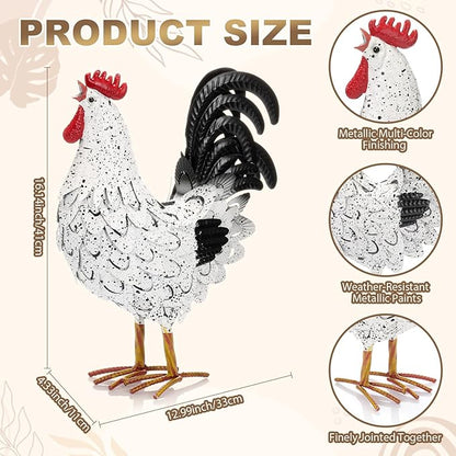 Zhengmy Metal Rooster Garden Statue Lifelike Colorful Metal Rooster Yard Decor Hand-Painted Iron Chicken Sculpture for Patio Lawn Backyard Farmhouse Outdoor Indoor Decoration(White and Black)
