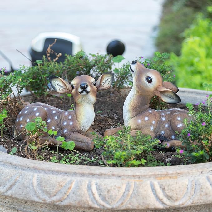 Outdoor Garden Deer Statue, Decorative Sculpture Brown Resin Fawn Sculpture, 9.45 x 6.3 x 5.1 inches Yard Lawn Decor Deep Forest Deer