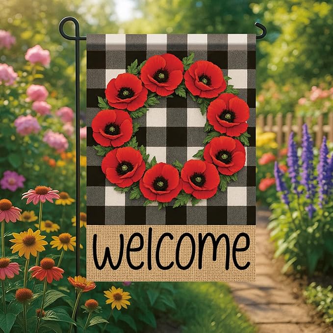 Buffalo Plaid Welcome Wreath Garden Flag Red Poppy Flower Flag 12x18 Double Sided Tropical Yard Flowers Floral Decor for Spring Summer Fall Outdoor Porch Patio Lawn Farmhouse