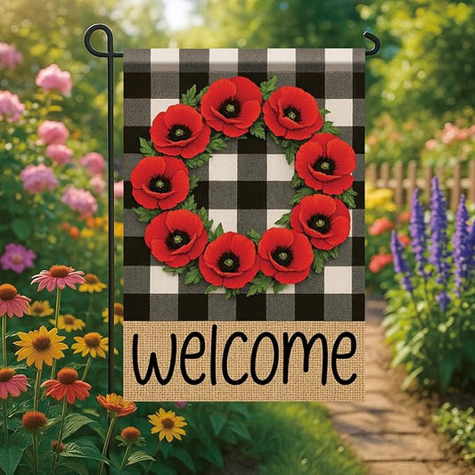 Buffalo Plaid Welcome Wreath Garden Flag Red Poppy Flower Flag 12x18 Double Sided Tropical Yard Flowers Floral Decor for Spring Summer Fall Outdoor Porch Patio Lawn Farmhouse