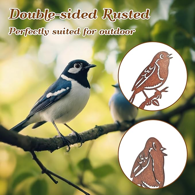 5PCS Rusty Birds Decoration, Outdoor Birds Wall Decor, Backyard Garden Decor for Outside, Rustic Yard Fence Decorations - Metal Yard Art, Birds Craft Sculptures and Statues Ornaments, Robins