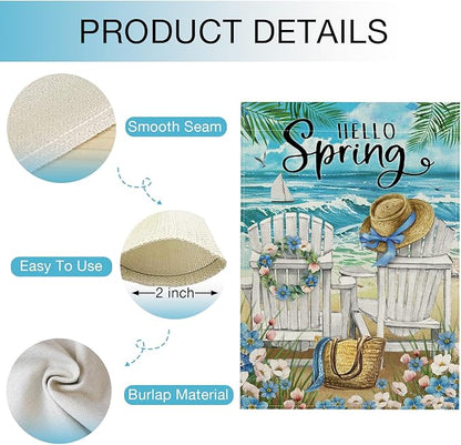 Hzppyz Hello Spring Sea Chairs Garden Flag Double Sided, Forget Me Not Flower Coastal Ocean Beach Decorative Yard Outdoor Home Small Decor, Nautical Sailboat Bag Hat Burlap Outside House Decoration 12