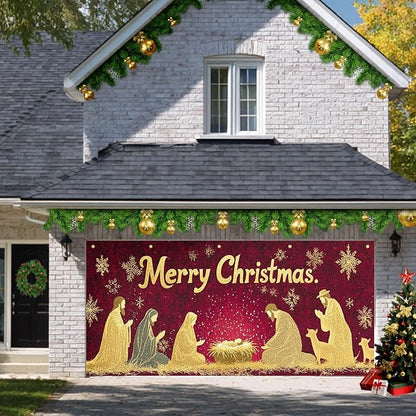 HOMETITUTE Merry Christmas Garage Door Banner 13x6ft Golden Glitter Nativity Scene Theme Backdrop Holiday Decor Winter Door Cover Banners for Outside Garage Wall Covering for Party Garage Decorations