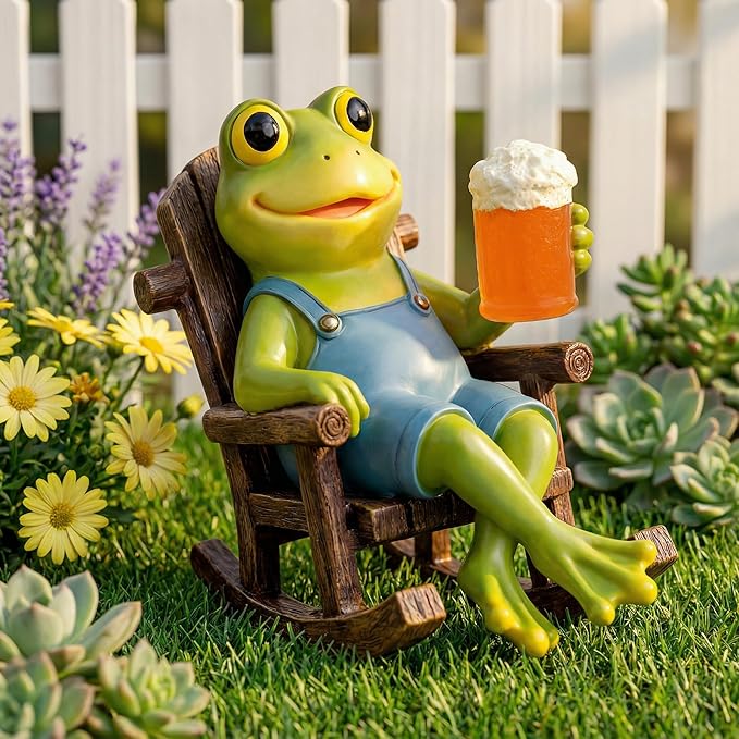 Flytime Frog Garden Decor, Outdoor Garden Statue,Frog on Rocking Chair,Suitable for Indoor and Outdoor Patios, Gardens, Flowers, and Lawns, A Whimsical Decoration(Beer)