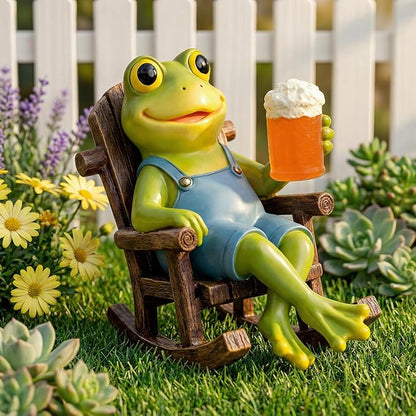 Flytime Frog Garden Decor, Outdoor Garden Statue,Frog on Rocking Chair,Suitable for Indoor and Outdoor Patios, Gardens, Flowers, and Lawns, A Whimsical Decoration(Beer)