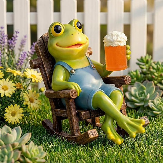 Flytime Frog Garden Decor, Outdoor Garden Statue,Frog on Rocking Chair,Suitable for Indoor and Outdoor Patios, Gardens, Flowers, and Lawns, A Whimsical Decoration(Beer)