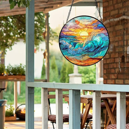7.8 Inch Stained Glass Window Hanging Sunrise Clouds Sea Waves Sandbeach Sun Catcher Indoor Window Door Wall Yard Home Decor Scenery Colorful Glass Panel Suncatcher Gifts for Women Men Mom Grandma