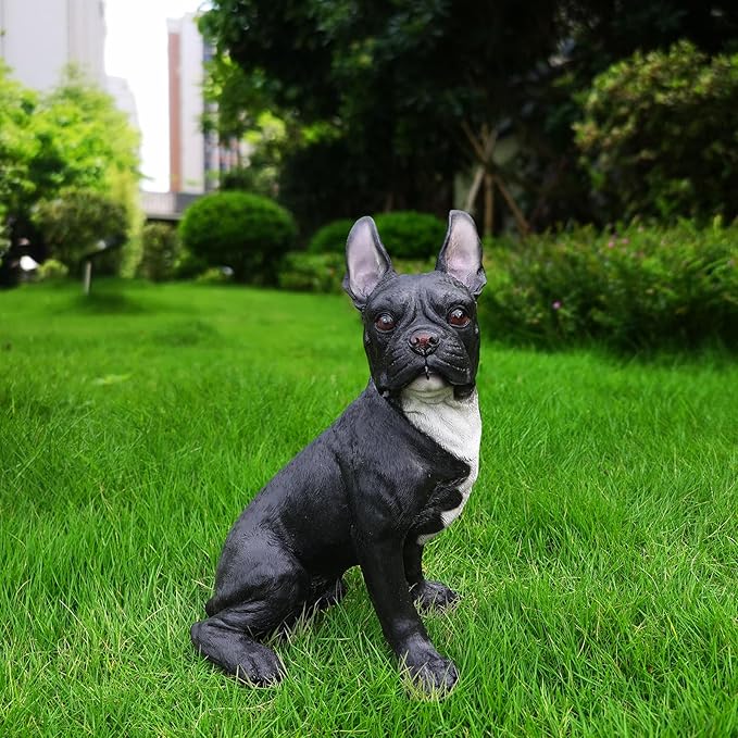 Frenchie Chic Entry Accent with Solar Lantern & Double-Sided Sign, Sitting Black French Bulldog Statue for Porch Seating, Hallway & Patio