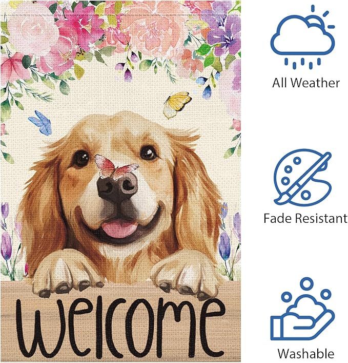 Heyfibro Welcome Spring Summer Flower Garden Flag 12x18 Inch Double Sided Burlap,Cute Golden Retriever Dog Butterfly Yard Flag for Seasonal Holiday Farmhouse Outdoor Decor(ONLY FLAG)