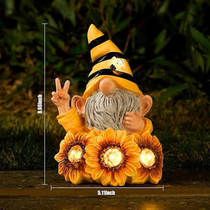 Joint Honglin Garden Sculptures & Statues Resin Summer Bee Gnome with Sunflower, Outdoor Funny Decoration Solar Light Figurine Gifts for Yard, Patio Decor for Mom
