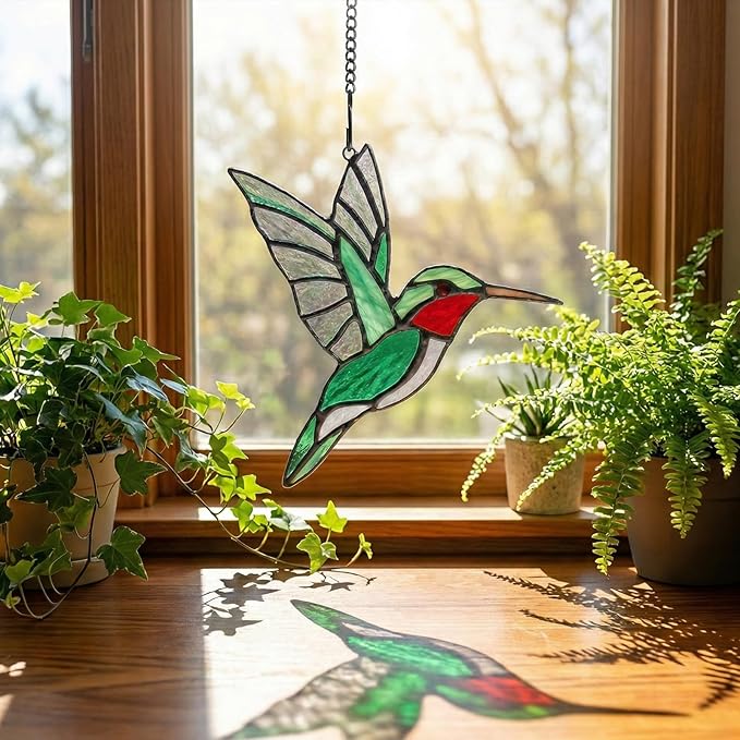 Hummingbird Suncatcher Decor,Handmade Stained Glass Window Hanging Ornament for Spring Summer Home Decor,Mother's Day Housewarming Gifts for Women Mom Birds Lovers