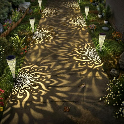 gardencave 6 Pack Solar Lights Outdoor Garden Decorative Mandala Solar Garden Lights with Warm Light Waterproof Solar Pathway Landscape Light for Path Patio Backyard Walkway Yard Decor (White)