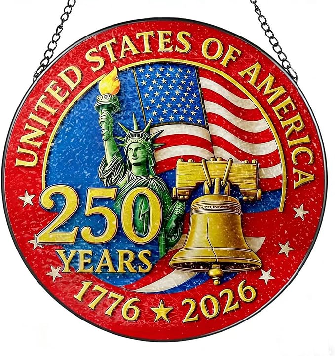 250th Anniversary America SunCatcher with Freedom Flag Designs 1776-2026 Years Round Acrylic Ornament,Independence Day Garden Decor,July 4th Sun Catcher Hanging for Home Party Supplies