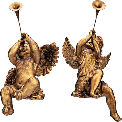 Design Toscano JE930801 Trumpeting Angels of Peter's Square Holiday Statue Ornaments, Set of Two, Boy & Girl, 7 inches Wide, 13 inches Tall, Handcast Polyresin, Antique Gold Finish