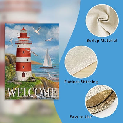 Home Decorative Welcome Summer Lighthouse House Flag, Spring Coastal Seagull Birds Garden Yard Beach Nautical Sailboat Outside Decoration, Ocean Outdoor Large Burlap Decor Double Sided 28 x 40