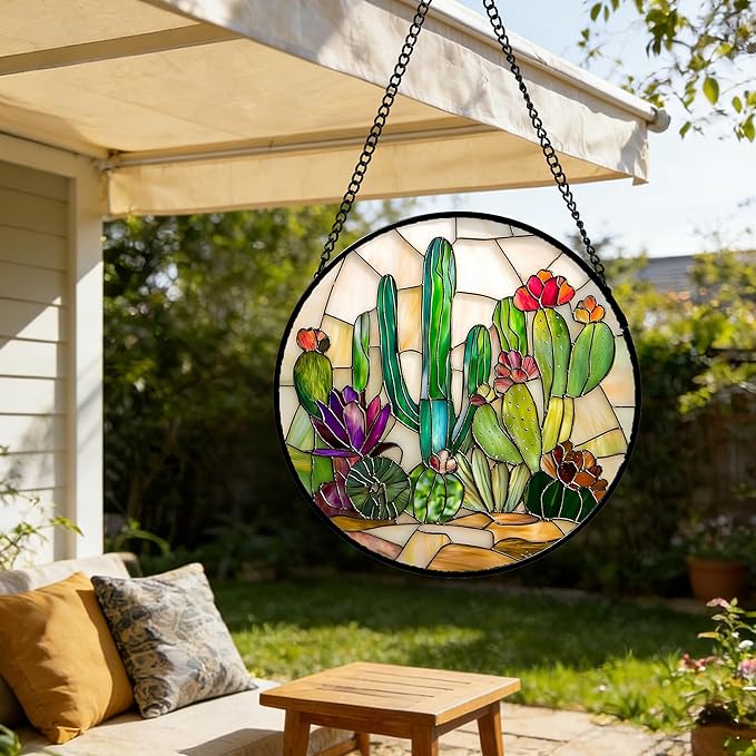 DASTOLL Stained Glass Window Hanging, White Green Cactus Suncatcher Diamond Glass Panel Hangings Sun Catchers Decor for Birthday for Women, Men, Wife, Aunt, and Mom 11.8x11.8 in