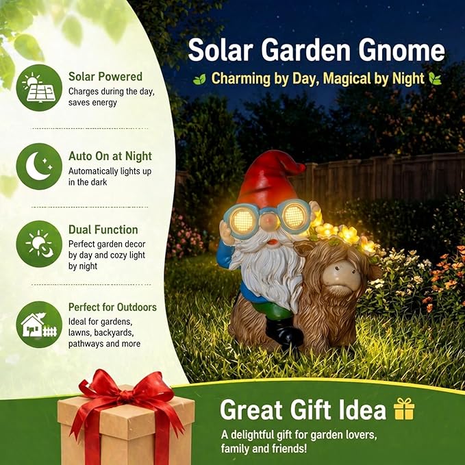 ZQQLITE Garden Gnome Statue Sitting Highland Cow Figurine with Flower Wreath, Solar LED Lights Outdoor Telescope Weatherproof Yard Art Decor for Patio Lawn, Housewarming Gifts for Women Mom