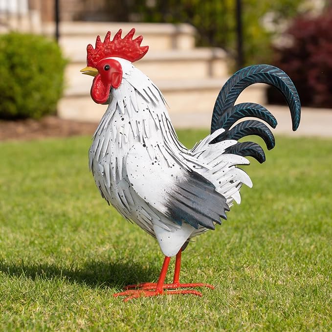 Ratuor Rooster Garden Statue Sculpture Metal Chicken Yard Decor Outdoor Figurines Patio Backyard Decoration (White)