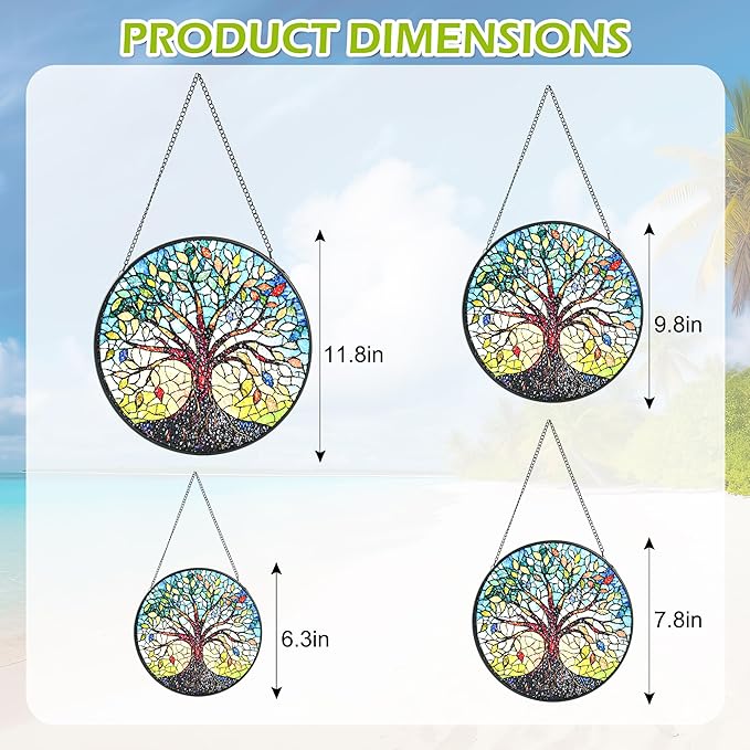 Stained Glass Window Hanging, Colorful Tree of Life Sun Catchers for Window Door Garden Kitchen Home Decor Suncatcher Decoration for Birthday Gift for Women, Men, Mom, Dad, Wife, Aunt and Nana 9.8 in