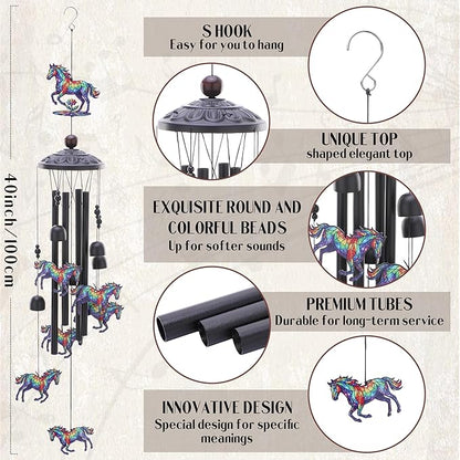 Horse Decor Wind Chimes - Metal Windchime Outdoors for Garden Backyard Patio Indoor Balcony Waterproof Hanging Decoration Birthday Gift for Animal Lover Women Men Mom Grandma Wife Friends
