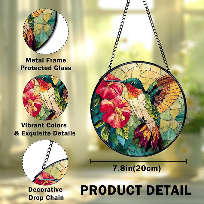 Hummingbird Suncatcher Stained Glass Window Hanging, Hummingbird Flower Sun Catchers Indoor Window Glass Wall Art Decor, Bird Wall Hanging Decor Decorations, 7.9x7.9 Inch 038-MH-BLGH