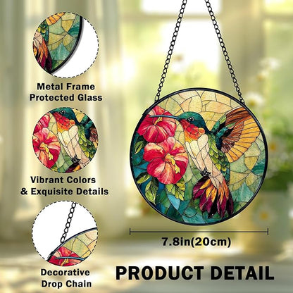 Hummingbird Suncatcher Stained Glass Window Hanging, Hummingbird Flower Sun Catchers Indoor Window Glass Wall Art Decor, Bird Wall Hanging Decor Decorations, 7.9x7.9 Inch 038-MH-BLGH