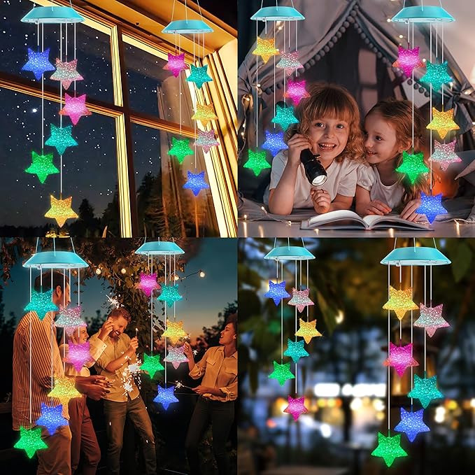 Solar Star Gift for Mom Grandma Girls, Color Changing Solar Wind Chimes for Outside, LED Outdoor Decorative Mobile Lights for Garden, Yard, Patio, Window, Party, Outdoor Decorations