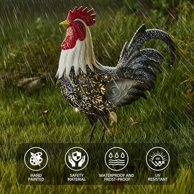 Metal Rooster Statue Yard Decor - 15" Solar Light Metal Yard Art Standing Chicken Statue Garden Decoration, Large Animal Sculpture Chicken Figture for Outdoor Porch Patio Backyard Lawn Ornament