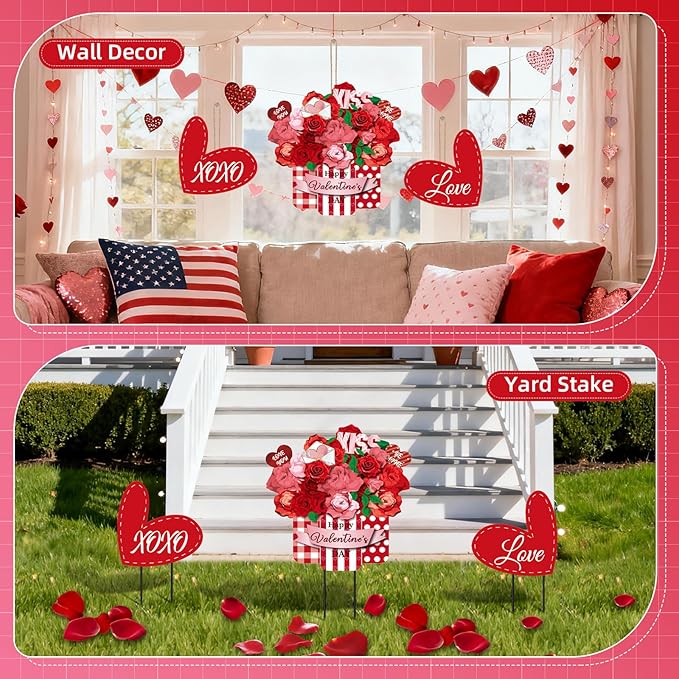 3 Pcs Valentines Metal Yard Signs and Hanging Wall Sign, Outdoor Valentines Metal Yard Stakes Heart Welcome Sign for Indoor Front Door Lawn Walkway Anniversary Wedding Party