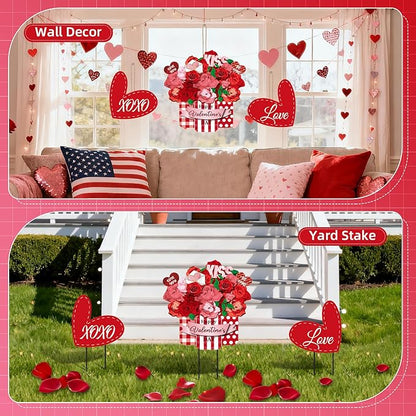 3 Pcs Valentines Metal Yard Signs and Hanging Wall Sign, Outdoor Valentines Metal Yard Stakes Heart Welcome Sign for Indoor Front Door Lawn Walkway Anniversary Wedding Party