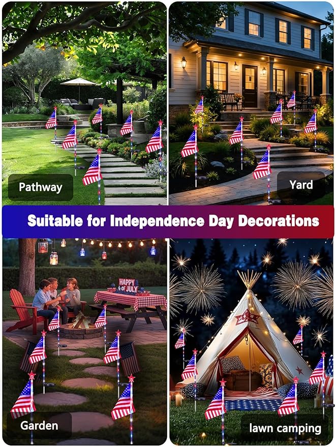 6 Pack Solar American Flag Lights Outdoor, 4th of July Decorations Outdoor, Waterproof Solar Flag Patriotic Lights for Yard, Garden, Pathway, Independence Day, 250th Anniversary (Red White and Blue)